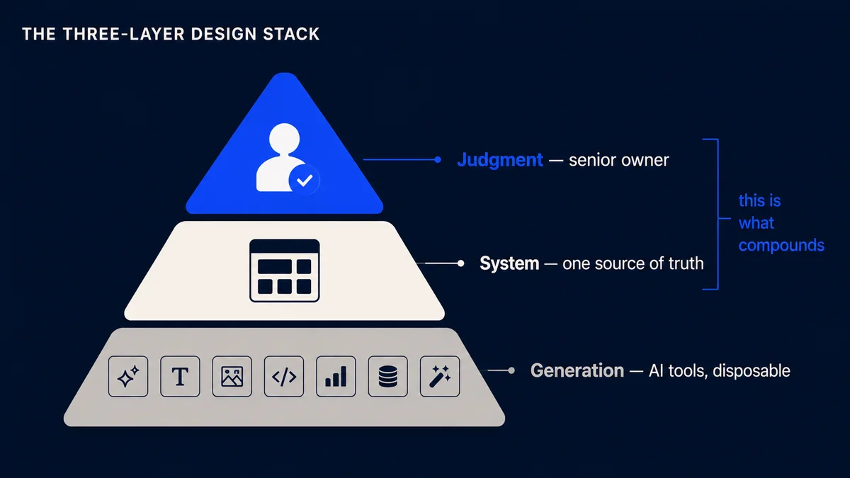 Diagram of a three layer design stack: AI generation tools at the bottom, a single design system in the middle, and senior human judgment at the top owning coherence