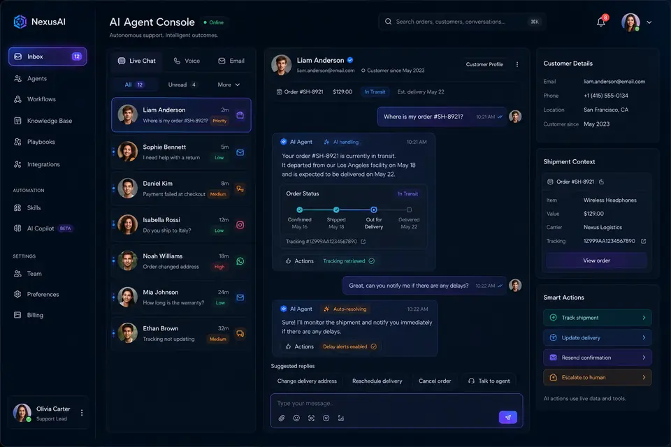 NexusAI agentic support platform interface