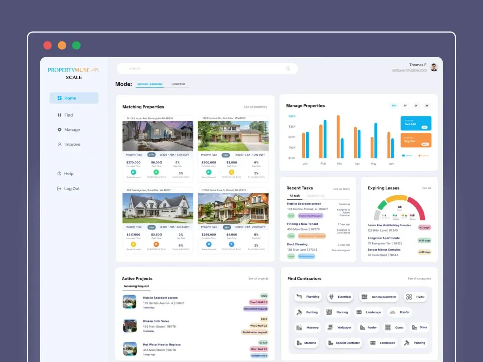 Property management dashboard with lease tracking and contractor directory