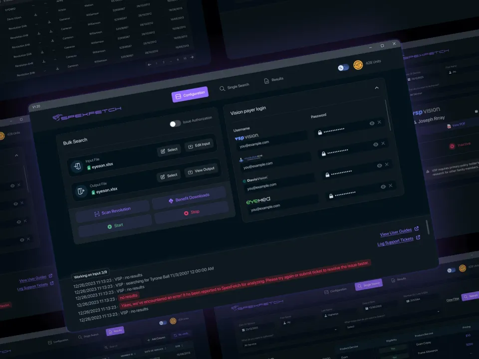 Vision benefits bulk search tool with payer login management